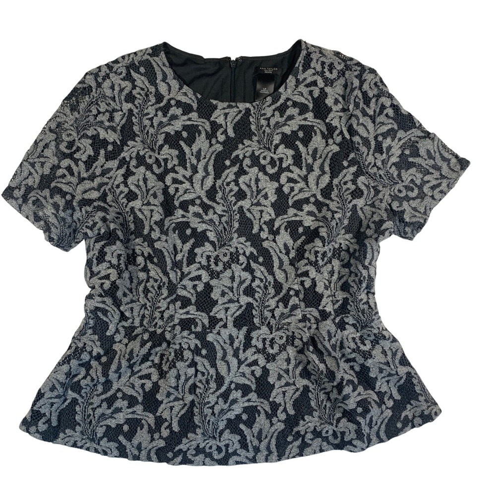 Ann Taylor Factory Peplum Top Lace Overlay Short Sleeve Blouse Black LP‎